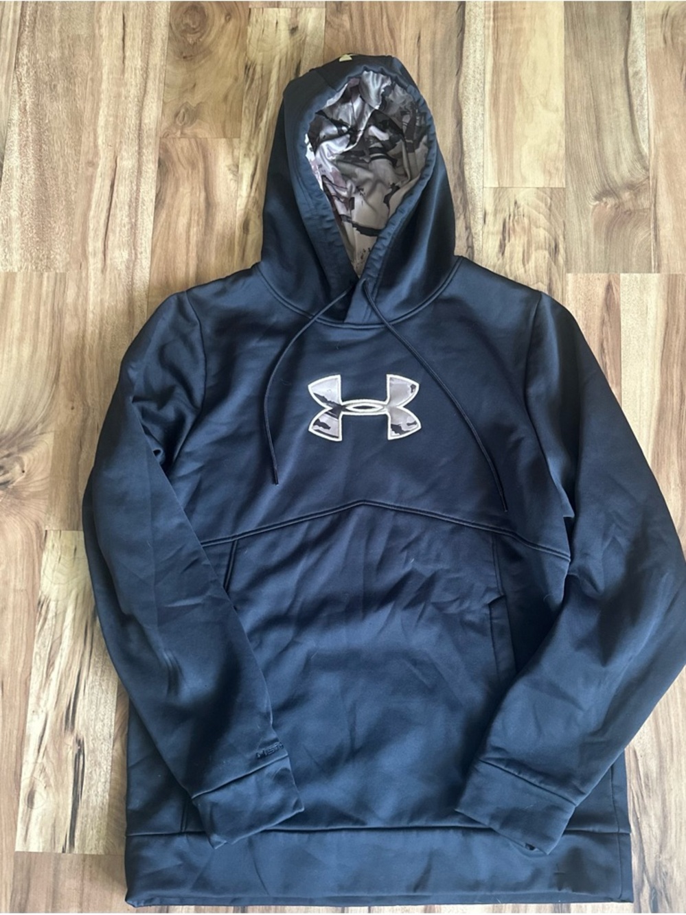 Under Armour Black Hoodie with Camo-Lined Hood and Silver Logo